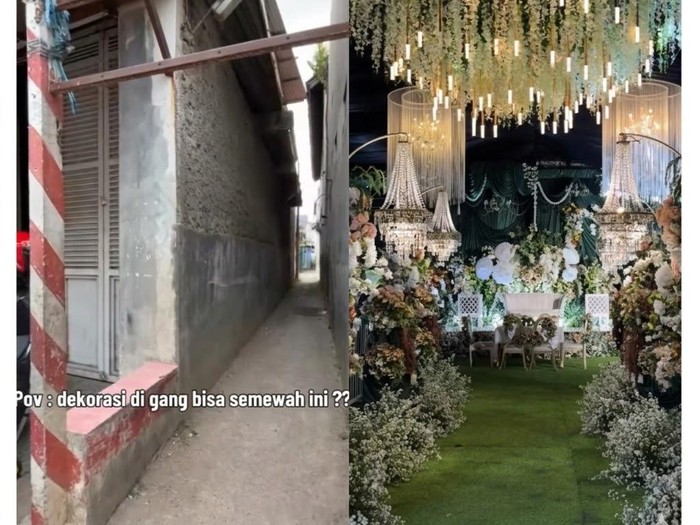 Sulap gang sempit di Bandung jadi pelaminan mewah. Meski lahan terbatas, dekorasi estetis ini tuai pujian karena tampil elegan bak hotel.