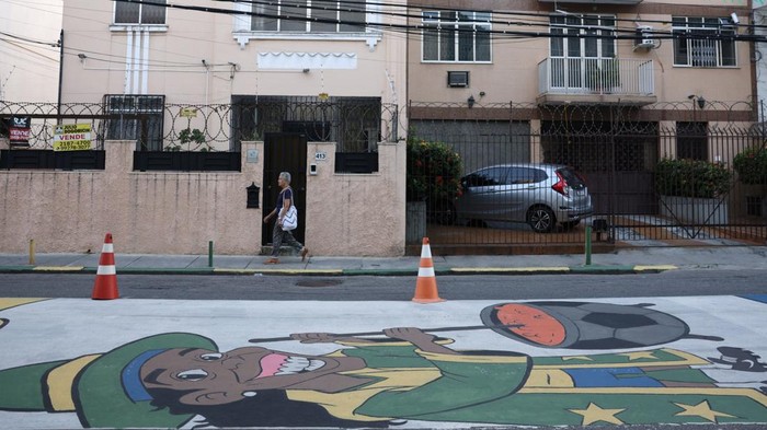 A drone view shows a street decked out in World Cup-themed murals and decorations ahead of the tournament in Rio de Janeiro Brazil, May 4, 2026. REUTERS/Ricardo Moraes