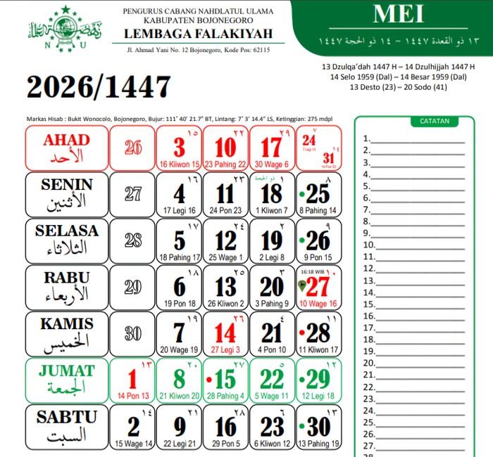 Kalender Jawa Mei 2026 Lengkap dengan Weton, Wuku, Pasaran, dan Neptu