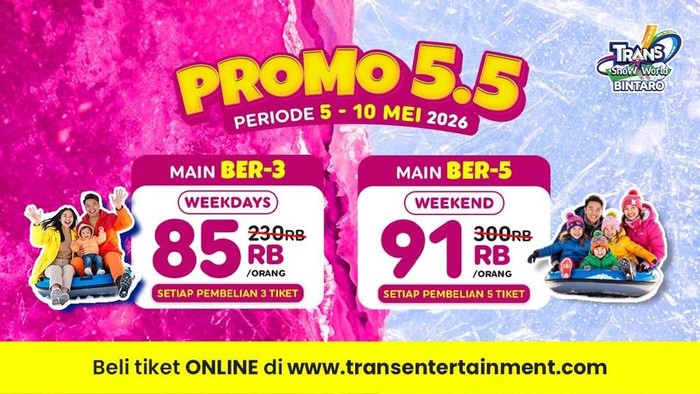 Nikmati suasana musim dingin di Trans Snow World Bintaro! Dapatkan promo hemat untuk rombongan dan rasakan pengalaman salju tanpa harus ke luar negeri.