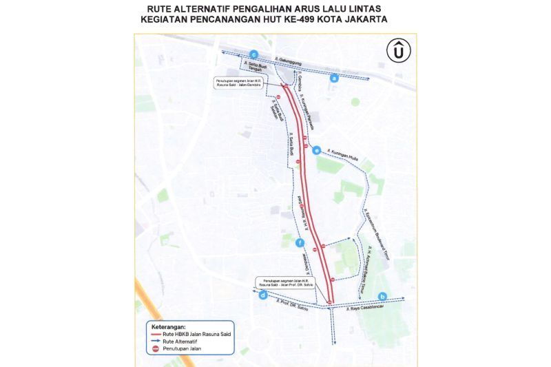 Rute alternatif pengalihan arus lalu lintas saat kegiatan Pencanangan HUT ke-499 Kota Jakarta di Jalan HR Rasuna Said, Jakarta, pada Minggu, 10 Mei 2026.