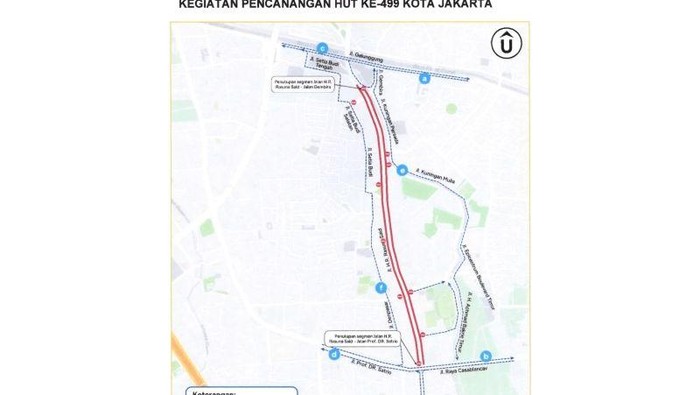 Rute alternatif pengalihan arus lalu lintas saat kegiatan Pencanangan HUT ke-499 Kota Jakarta di Jalan HR Rasuna Said, Jakarta, pada Minggu, 10 Mei 2026.