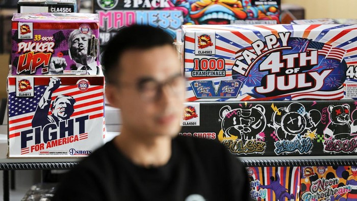 Firework products for the U.S. market are displayed at the showroom of Chili Fireworks in Liling, Hunan province, China, April 9, 2026.  REUTERS/Go Nakamura