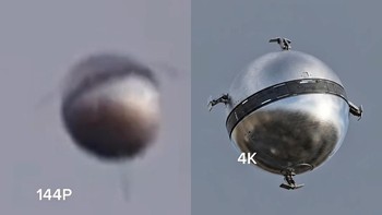 Objek misterius berbentuk bola ini awalnya hanya tampak seperti titik blur di langit. Teknologi AI kemudian “menebak” detailnya hingga menyerupai drone alien futuristis. Foto: TikTok