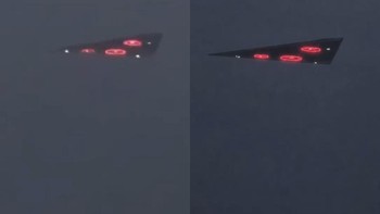 UFO segitiga dengan cahaya merah misterius ini tampak makin dramatis setelah video buram 144P dipoles AI menjadi resolusi 4K. Foto: TikTok