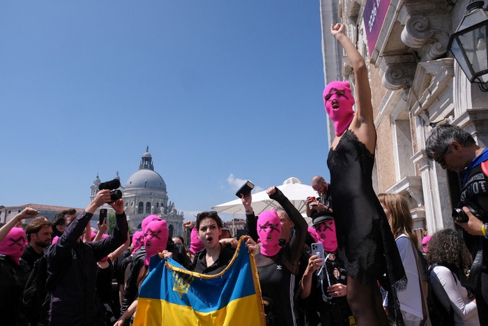 VENICE, ITALY - MAY 07: The activist group Pussy Riot protest over the readmission of Russia to the Venice Biennale on May 07, 2026 in Venice, Italy. This year is the first time Russia has been allowed at the art fair since the country's full-scale invasion of Ukraine, which prompted widespread protest, including the resignation of the fair's jury. (Photo by Simone Padovani/Getty Images)
