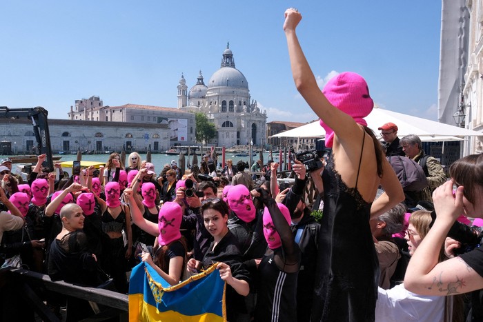 VENICE, ITALY - MAY 07: The activist group Pussy Riot protest over the readmission of Russia to the Venice Biennale on May 07, 2026 in Venice, Italy. This year is the first time Russia has been allowed at the art fair since the country's full-scale invasion of Ukraine, which prompted widespread protest, including the resignation of the fair's jury. (Photo by Simone Padovani/Getty Images)
