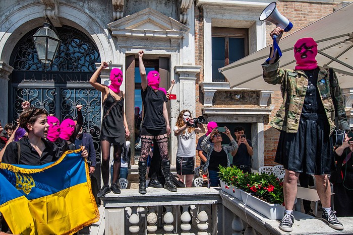 VENICE, ITALY - MAY 07: The activist group Pussy Riot protest over the readmission of Russia to the Venice Biennale on May 07, 2026 in Venice, Italy. This year is the first time Russia has been allowed at the art fair since the country's full-scale invasion of Ukraine, which prompted widespread protest, including the resignation of the fair's jury. (Photo by Simone Padovani/Getty Images)