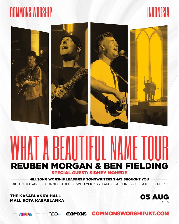 Commons Worship akan menggelar konser What A Beautiful Name Tour di Jakarta pada 5 Agustus 2026. Dapatkan tiket mulai 15 Mei 2026 di ADDTix.