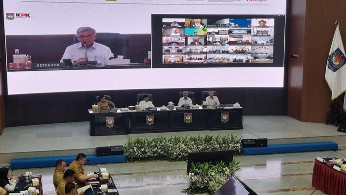 Ketua KPK Setyo Budiyanto saat menyampaikan paparannya di Kemendagri. (Taufiq/detikcom)