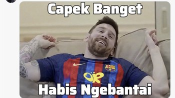 Meme Lionel Messi rebahan dengan tulisan “Capek Banget Habis Ngebantai” menggambarkan euforia fans Barcelona usai pesta gelar La Liga. Foto: X.com