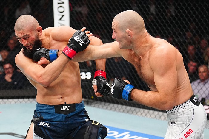 NEWARK, NEW JERSEY - MAY 09:  (R-L) Sean Strickland punches Khamzat Chimaev of Russia in the UFC middleweight championship fight during the UFC 328 event at Prudential Center on May 09, 2026 in Newark, New Jersey. (Photo by Chris Unger/Zuffa LLC)