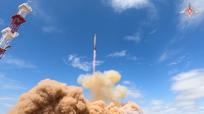 A test launch of Russias Sarmat intercontinental ballistic missile at an unidentified location, in this still image taken from a video released on May 12, 2026. Russian Defence Ministry/Handout via REUTERS ATTENTION EDITORS - THIS IMAGE WAS PROVIDED
