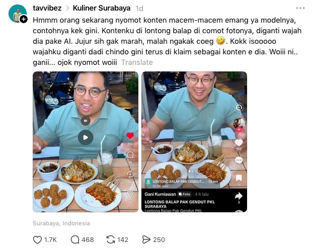 Food Vlogger Surabaya Kaget Kontennya Dicuri dan Wajahnya Diedit Pakai AI