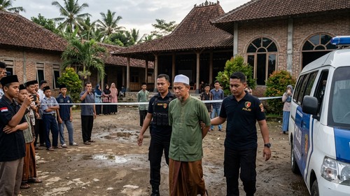 Ilustrai guru pondok pesantren ditangkap polisi. (Gemini AI)