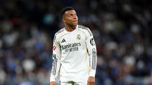 MADRID, SPAIN - MAY 14: Kylian Mbappe of Real Madrid looks on during the LaLiga EA Sports match between Real Madrid CF and Real Oviedo at Estadio Santiago Bernabeu on May 14, 2026 in Madrid, Spain. (Photo by Angel Martinez/Getty Images)