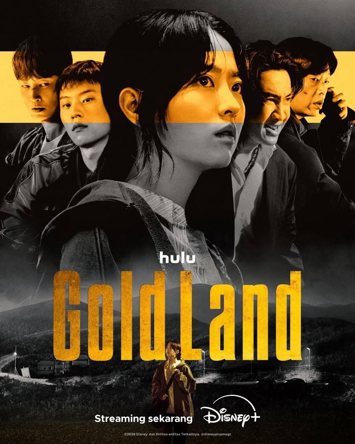 Poster drama Korea Gold Land tampilkan Park Bo Youn dkk. dengan nuansa gelap. (dok. Disney+).