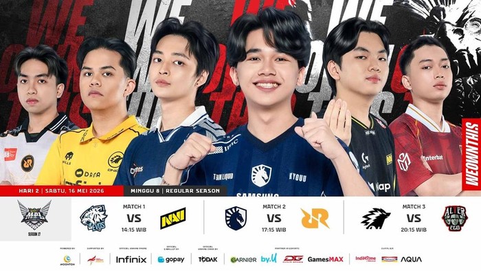 Jadwal MPL ID Season 17 Week 8 hari ini, 16 Mei 2026, lengkap link live streamingnya. 