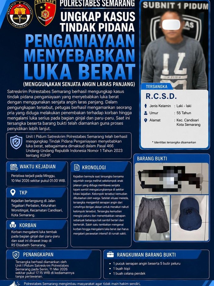 Tersangka penembak pemuda diduga kreak di Kota Semarang pakai senapan angin. Foto diunggah Sabtu (16/5/2026).