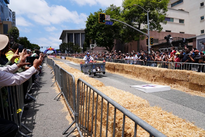 A competitor drives his homemade vehicle without an engine during the Red Bull Soapbox race in Los Angeles, California, U.S., May 16, 2026. REUTERS/Arafat Barbakh