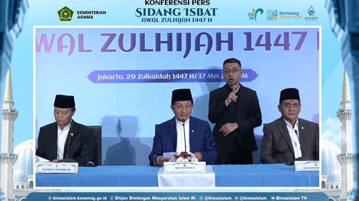 Konferensi hasil sidang isbat 1 Zulhijah 1447 H/2026 M di Gedung HM Rasjidi Kemenag RI, Minggu (17/5/2026)