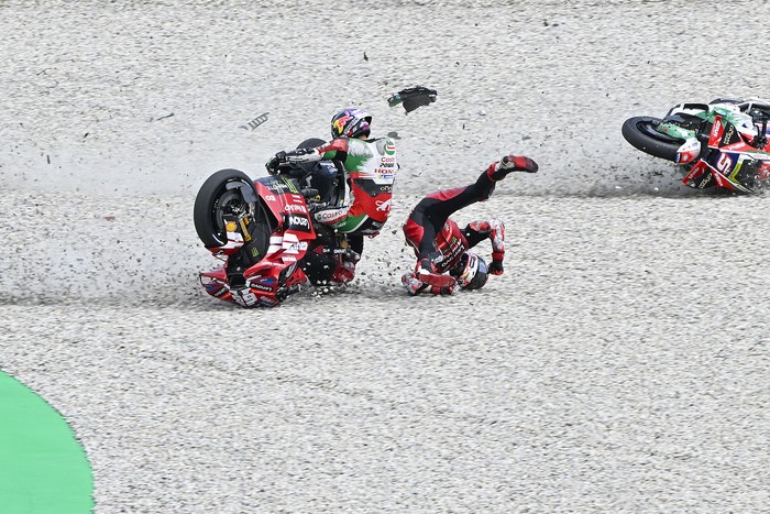 BARCELONA, SPAIN - MAY 17: Johann Zarco of France riding the LCR Honda (05) has his leg trapped in Francesco Bagnaias Ducati on the second restart during the MotoGP of Catalonia at Circuit de Barcelona-Catalunya on May 17, 2026 in Barcelona, Spain. 