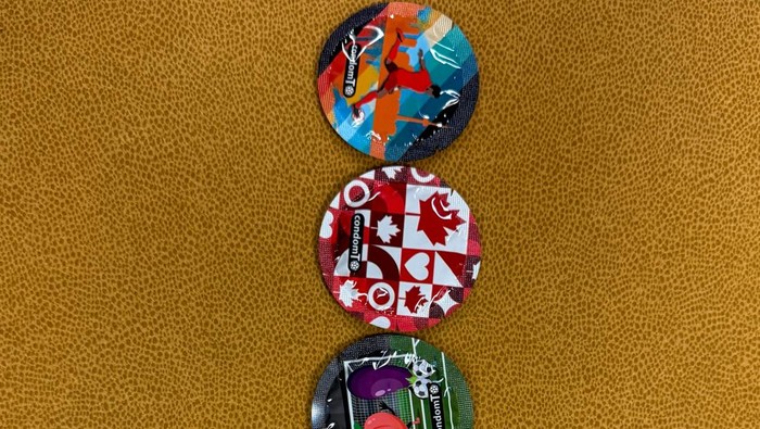 A person holds free World Cup-themed condoms in a clinic in Toronto, Ontario, Canada, May 15, 2026.  REUTERS/Kyaw Soe Oo