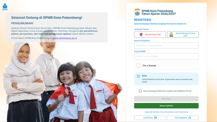 Laman Registrasi SPMB SD-SMP Kota Palembang