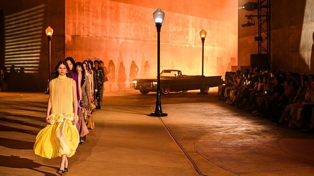 Models on the runway at the Dior 2027 Cruise Collection Show  held at LACMA on May 13, 2026 in Los Angeles, California. (Photo by Gilbert Flores/WWD via Getty Images)