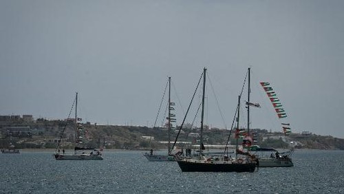 Vessels from the Global Sumud Flotilla, intercepted by the Israeli Navy in international waters, are moored off the coast of the ctown of Ierapetra, on the island of Crete, on May 1, 2026. (Photo by Eleftherios Elis MITZA / AFP)