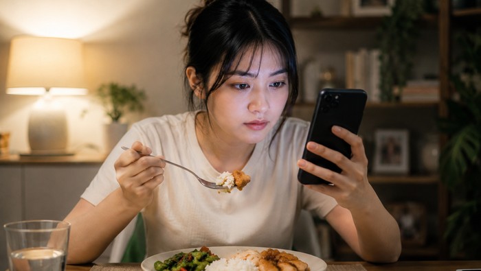ilustrasi makan sambil scrolling media sosial. (Chatgpt AI)