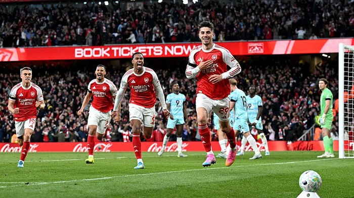 LONDON, ENGLAND - MAY 18: Kai Havertz of Arsenal celebrates scoring his teams first goal during the Premier League match between Arsenal and Burnley at Emirates Stadium on May 18, 2026 in London, England. (Photo by Stuart MacFarlane/Arsenal FC via Getty Images)