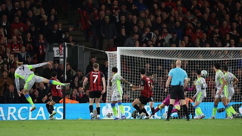 BOURNEMOUTH, ENGLAND - MAY 19: Erling Haaland of Manchester City scores his teams first goal during the Premier League match between Bournemouth and Manchester City at Vitality Stadium on May 19, 2026 in Bournemouth, England. (Photo by Michael Steele/Getty Images)