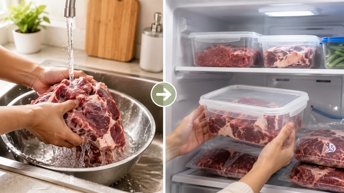 Ilustrasi mencuci daging kambing sebelum disimpan di kulkas.