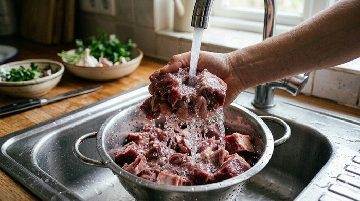 Ilustrasi mencuci daging kambing.