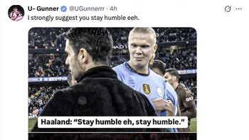 Kalimat “Stay Humble eh” yang dulu viral kini berubah jadi bahan ejekan balik untuk Haaland di media sosial. Foto: X.com