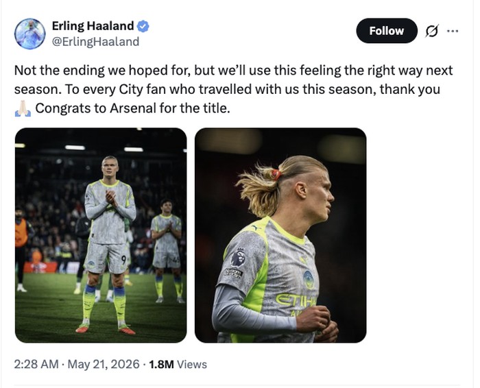 Erling Haaland Ucap Selamat ke Arsenal, Dibalas Meme 'Stay Humble'