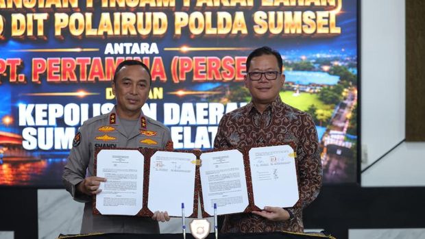 Polda Sumsel dan PT Pertamina (Persero) melakukan penandatanganan perjanjian pinjam pakai lahan di Mapolda Sumsel, Palemba, Kamis (21/5/2026)