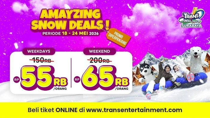 Trans Snow World Surabaya hadir dengan Promo Amayzing Deals yang bikin pengalaman bermain salju di tengah kota jadi lebih terjangkau.