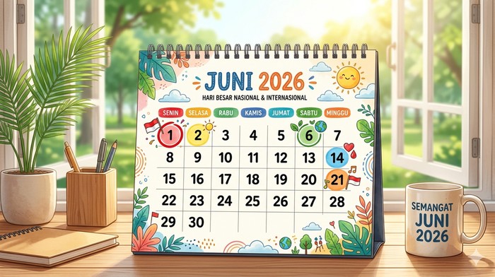 Kalender Juni 2026. Ilustrasi hari besar nasional dan internasional Juni 2026.