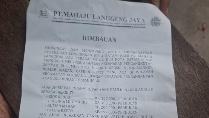 Selebaran retribusi sampah yang viral di Kecamatan Sekupang, Batam. (dok. Istimewa)