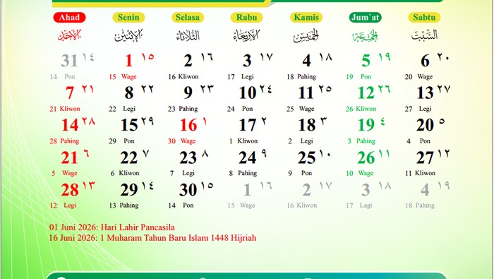 Kalender Juni 2026, Cek Daftar Tanggal Merah dan Hari Libur Nasional di Sini