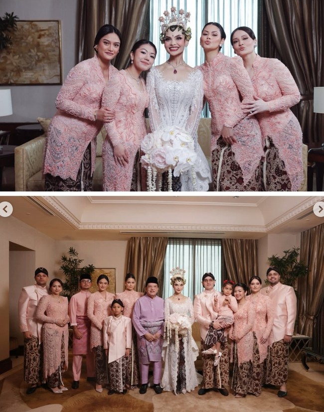 Para anggota keluarga tampil kompak dengan mengenakan busana bernuansa pink pastel. Para wanita tampil anggun dengan kebaya, sementara laki-laki mengenakan beskap dan baju Melayu. Foto: Instagram/@tengkunadiraadn