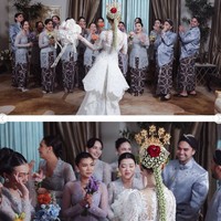 Bridesmaid dan groomsman tampil dalam balutan kebaya dan beskap seragam berwarna abu-abu. Penampilan para groomsman makin lengkap dengan blangkon yang menutupi kepala. Foto: Instagram/@tengkunadiraadn
