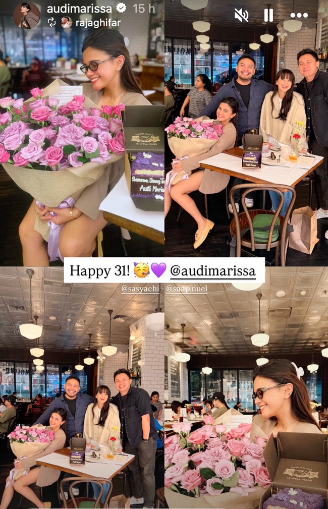 Para sahabat juga ikut memberikan kejutan ulang tahun spesial untuk Audi. Kue ulang tahun hingga buket bunga berwarna pink dan ungu tampak diterima Audi. Foto: Instagram/@audimarissa