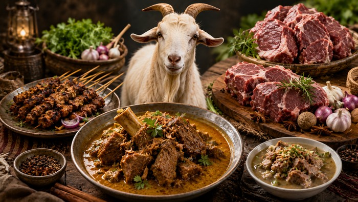 Ilustrasi daging kambing dan olahannya.