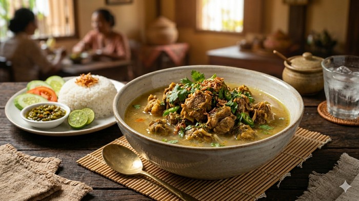 Ilustrasi gulai kambing ringan santan sedikit.