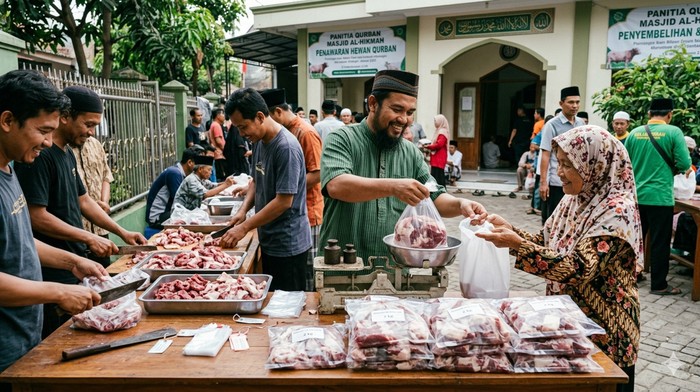 Ilustrasi pembagian daging kurban saat Idul Adha.