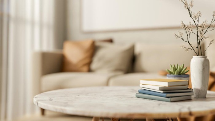 Books with flower vase and potted plant on round marble table across sofa in blurred living room. Product Display, Modern Minimalist, Cosy Atmosphere.