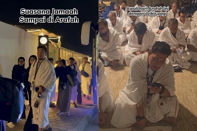 Vokalis Armada, Rizal Adi Pradana, juga menjadi sorotan saat menjalani ibadah haji bersama sang istri. Rizal mengenakan kain ihram putih polos yang dipadukan peci putih saat berada di beberapa lokasi ibadah di luar prosesi inti ihram. (Foto: Instagram/@jejakimani)